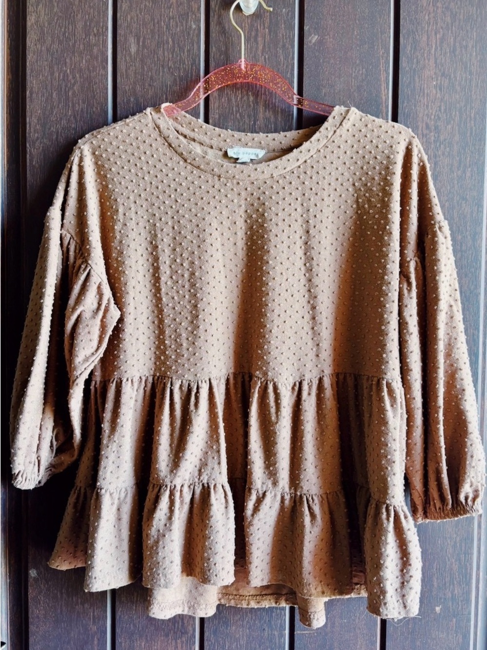 Women's Brown Textured Peplum Long-Sleeve Top